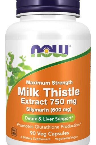 NOW Foods Milk Thistle Extract 750 mg bottle promoting detox and liver support, gluten-free, non-GMO.