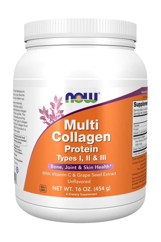 Now Foods Multi Collagen Protein Powder with Vitamin C & Grape Seed Extract, 454g for skin, hair, nails, and joint health.