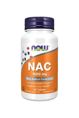 Now Foods NAC 1000 mg dietary supplement bottle, supports immune function and liver health, 60 tablets.