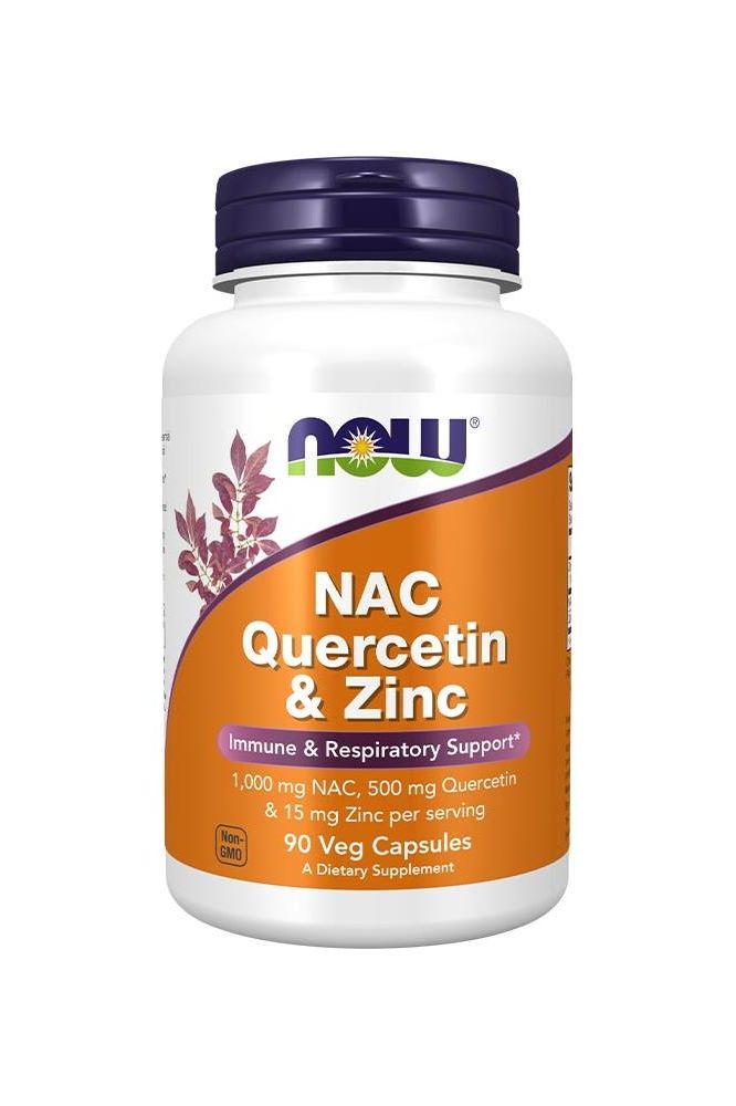 Now Foods NAC Quercetin & Zinc dietary supplement, 90 veg capsules for immune and respiratory support.