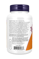 Back label of Now Foods NAC Quercetin & Zinc supplement bottle, detailing usage and ingredients.