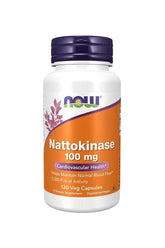 Now Foods Nattokinase 100 mg bottle for cardiovascular health, 120 vegetarian capsules, supports normal blood flow.