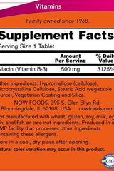 Supplement facts label for Now Foods Niacin 500 mg tablets, detailing ingredients and nutritional information.