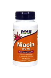 Now Foods Niacin 500 mg bottle for nutritional health, 100 tablets, sustained release formula to minimize flushing.