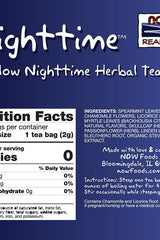 Now Foods Nighttime Herbal Tea packaging with nutrition facts and ingredients.