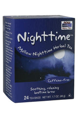 Now Foods Nighttime Tea box, 24 caffeine-free herbal tea bags for soothing and relaxing bedtime brew.