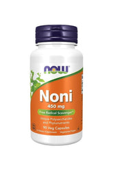 Now Foods Noni 450 mg supplement bottle with 90 veg capsules for immune support and free radical scavenging.