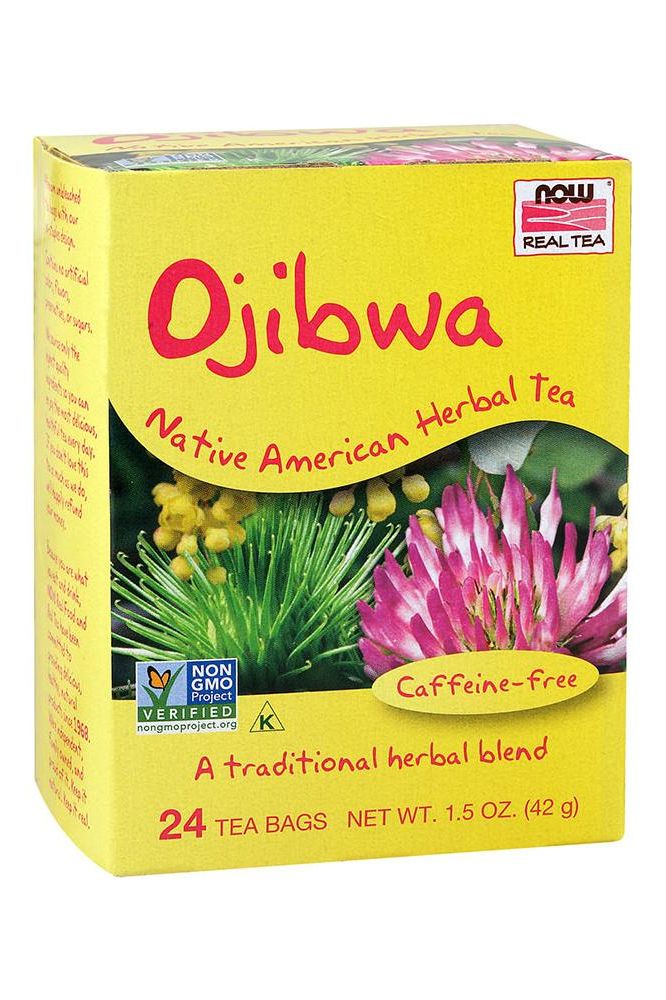 Now Foods Ojibwa tea box with 24 caffeine-free herbal tea bags, a traditional blend from Native American heritage.