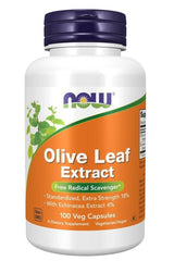 Now Foods Olive Leaf Extract supplement bottle, 100 vegetarian capsules, antioxidant support and immune defense.
