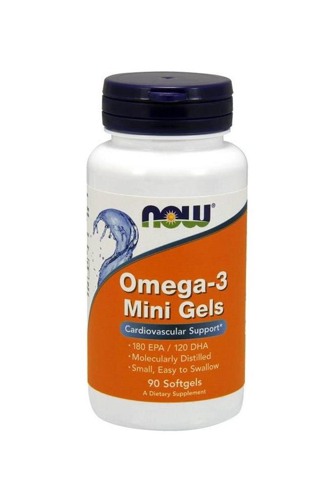 Now Foods Omega-3 Mini Gels bottle with 180 EPA and 120 DHA, promoting cardiovascular health.