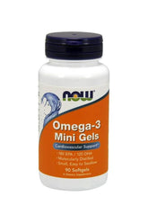 Now Foods Omega-3 Mini Gels bottle with 180 EPA and 120 DHA, promoting cardiovascular health.