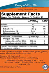 Supplement facts for Now Foods Omega-3 Mini Gels, detailing EPA, DHA, and other nutrients.