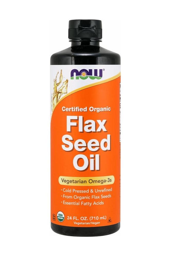 NOW Foods Organic Flax Seed Oil 24 oz bottle, cold pressed, non-GMO, rich in omega-3 fatty acids, vegetarian, unrefined.