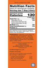 Nutrition facts label for Now Foods Organic Flax Seed Oil, showing calories and serving details.