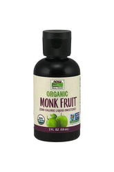 Now Foods Organic Monk Fruit liquid sweetener bottle, zero calorie, low glycemic, healthy sugar alternative.
