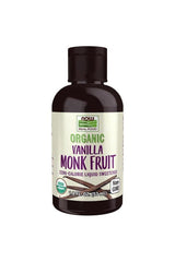 Now Foods Organic Vanilla Monk Fruit liquid sweetener, zero-calorie, non-GMO, healthy sugar alternative.