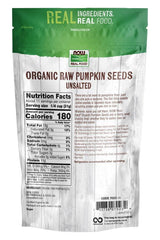 Now Foods Organic Raw Pumpkin Seeds package displaying nutrition facts and ingredients, unsalted, 340 g.