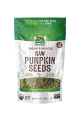 Now Foods organic pumpkin seeds package, 340 g, rich in protein and essential fatty acids, keto-friendly.