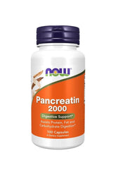 Now Foods Pancreatin 2000 bottle, 100 capsules for digestive support, aids in protein, fat, and carbohydrate digestion.