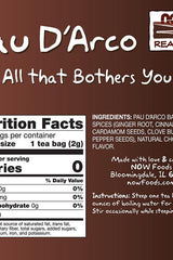 Pau D'Arco Tea packaging showing nutrition facts and ingredients list for herbal wellness benefits.