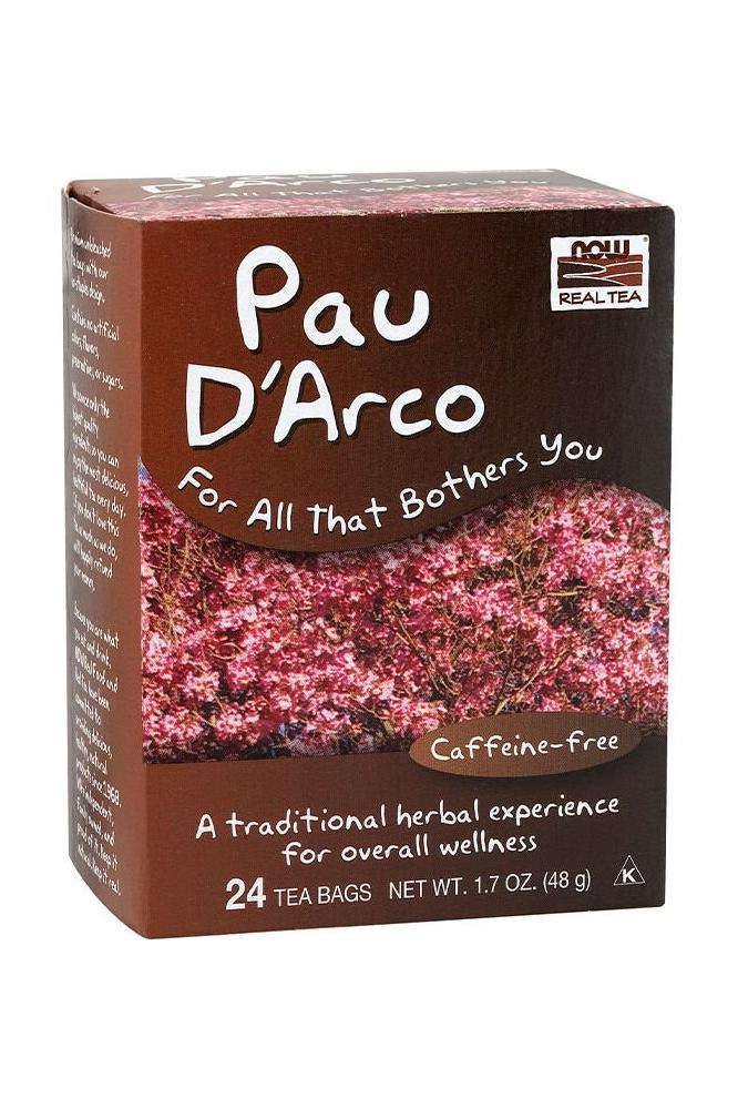 Now Foods Pau D'Arco Tea box with 24 caffeine-free tea bags for overall wellness, inspired by Amazon's natural remedies.