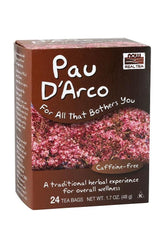 Now Foods Pau D'Arco Tea box with 24 caffeine-free tea bags for overall wellness, inspired by Amazon's natural remedies.