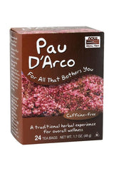 Now Foods Pau D'Arco Tea box with 24 caffeine-free tea bags for overall wellness, inspired by Amazon's natural remedies.