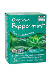 Now Foods Organic Peppermint Tea, 48 g, caffeine-free herbal brew in eco-friendly tea bags.
