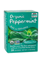 Now Foods Organic Peppermint Tea, 48 g, caffeine-free herbal brew in eco-friendly tea bags.
