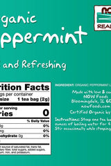Now Foods organic peppermint tea packaging with nutrition facts and brewing instructions on a teal background.