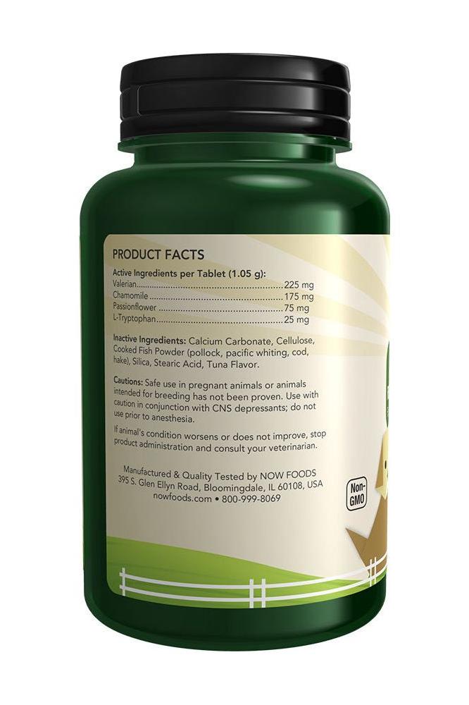 Product facts label for NOW Foods Pet Relaxant chewable tablets, detailing active ingredients and usage warnings. Product facts label for NOW Foods Pet Relaxant chewable tablets, detailing active ingredients and usage warnings.