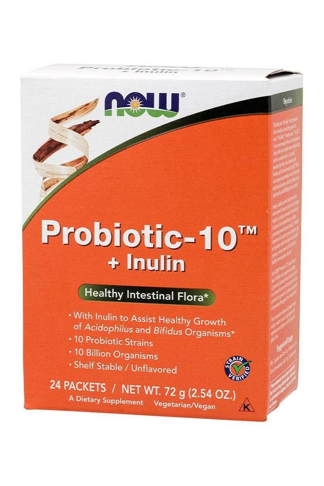 Now Foods Probiotic-10™ + Inulin 24 Packets for healthy intestinal flora, contains 10 billion organisms.