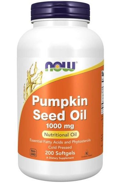 NOW Foods Pumpkin Seed Oil 1000 mg bottle, cold pressed, rich in essential fatty acids and phytosterols, 200 softgels.