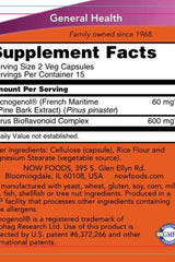 Supplement facts for Now Foods Pycnogenol 30 mg Veg Capsules showing ingredients and nutritional information.