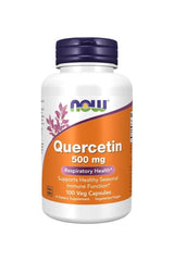 Now Foods Quercetin 500 mg supplement bottle, 100 veg capsules for healthy immune support.