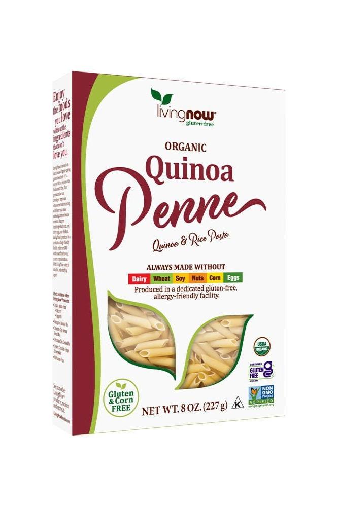 Now Foods Organic Quinoa Penne Pasta, gluten-free, 227g package, allergen-free and natural ingredients.