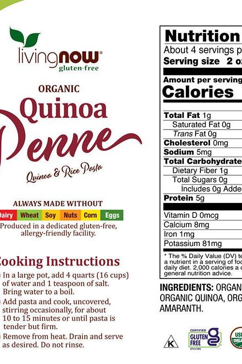 Nutrition label and cooking instructions for Living Now organic quinoa penne pasta, gluten-free option. Nutrition label and cooking instructions for Living Now organic quinoa penne pasta, gluten-free option.