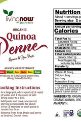Nutrition label and cooking instructions for Living Now organic quinoa penne pasta, gluten-free option.