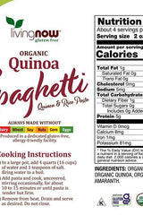 Now Foods Organic Quinoa Spaghetti Pasta packaging, gluten-free and allergen-friendly, with nutrition facts.