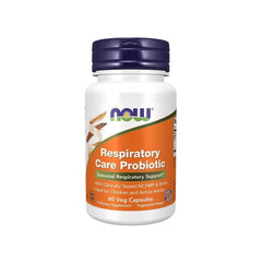 Now Foods Respiratory Care Probiotic with 60 veg capsules for seasonal support in children and active adults.