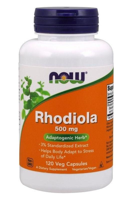 NOW Foods Rhodiola Rosea 500 mg supplement bottle with 120 capsules for stress management support.