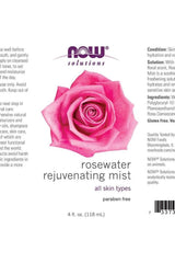 Now Foods Rosewater Rejuvenating Mist 118 ml, hydrating mist for all skin types, paraben free, floral scent.