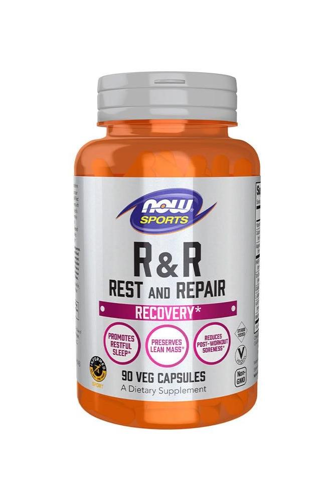 NOW Sports R&R Rest and Repair supplement bottle with 90 veg capsules for recovery and restful sleep. NOW Sports R&R Rest and Repair supplement bottle with 90 veg capsules for recovery and restful sleep.