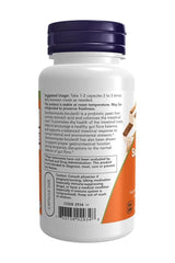Now Foods Saccharomyces Boulardii probiotic supplement bottle with usage instructions and benefits.
