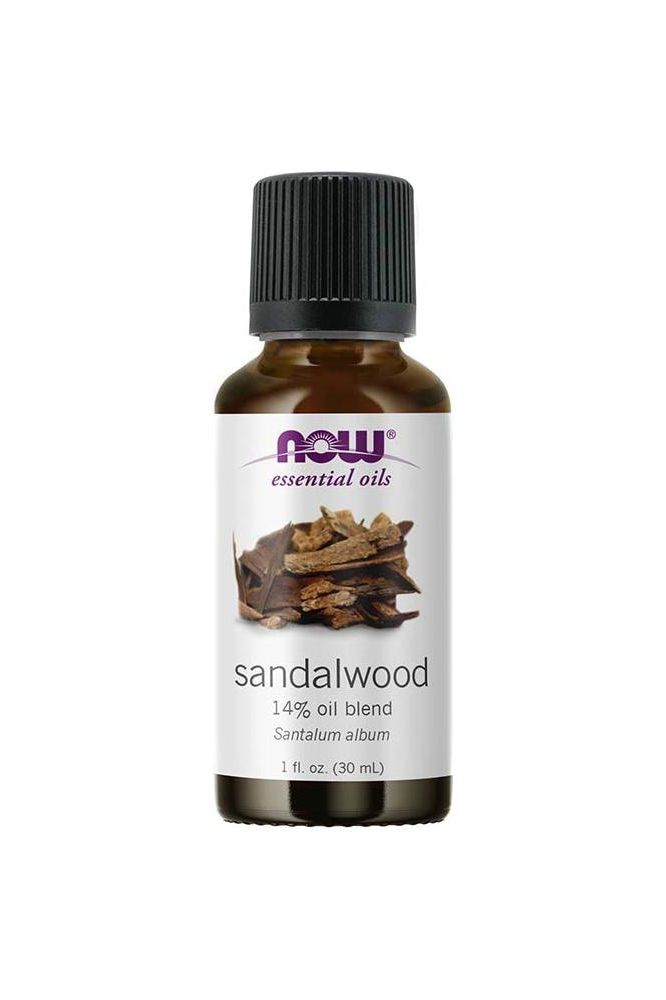 Now Foods Sandalwood Oil Blend 30 ml bottle, featuring Santalum album essential oil for relaxation and meditation.