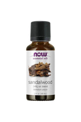Now Foods Sandalwood Oil Blend 30 ml bottle, featuring Santalum album essential oil for relaxation and meditation.