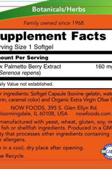 Supplement facts label for Now Foods Saw Palmetto Extract with 160 mg dosage details and ingredients.