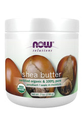 NOW Solutions organic shea butter jar, 207 ml, suitable for all skin types, rich emollient for hydration.