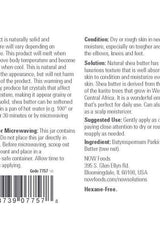 Label of Now Foods Shea Butter showing instructions, benefits, and ingredients for skin and hair care.