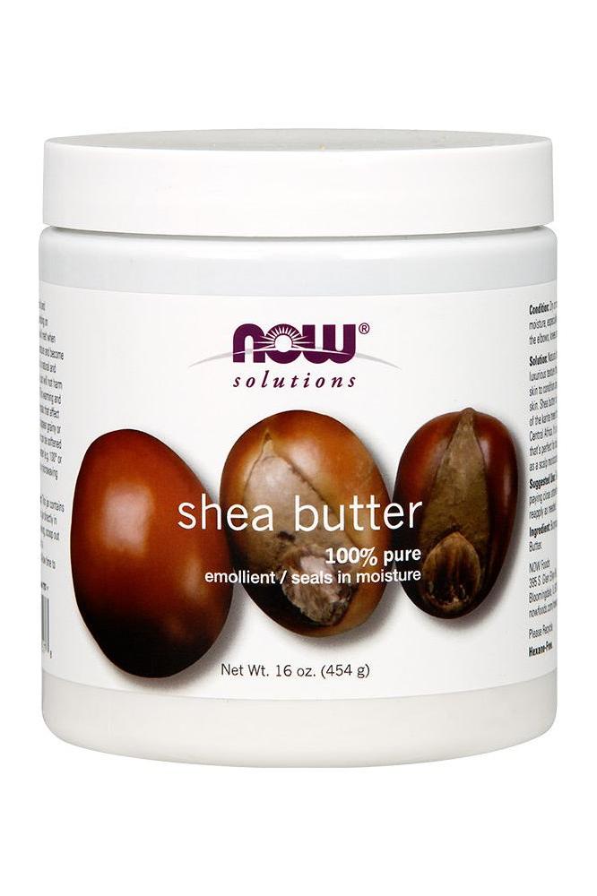 Now Foods Shea Butter container, 100% pure, rich in moisture, ideal for hydrating dry skin and hair.